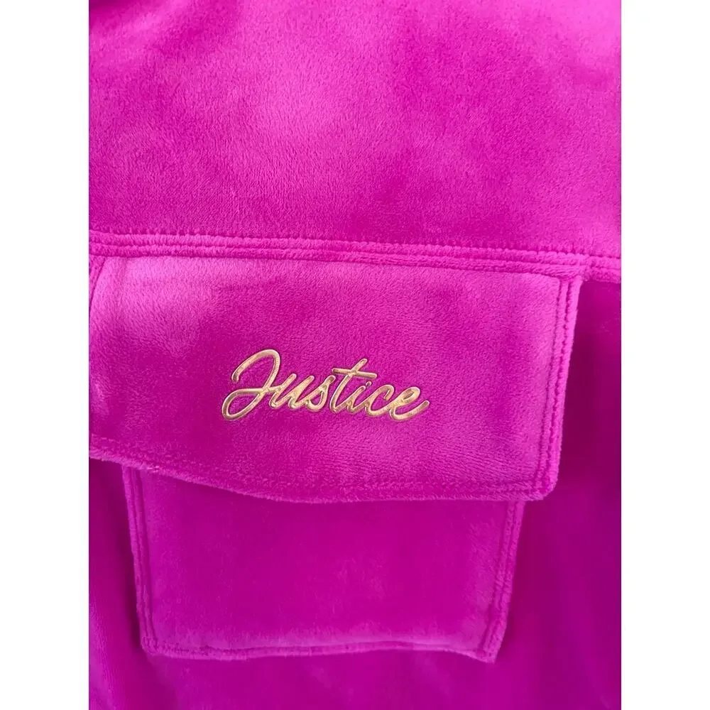 Justice Velour Zip Hoodie Pink Girls XL 16/18 Gold Zipper Cropped Y2K